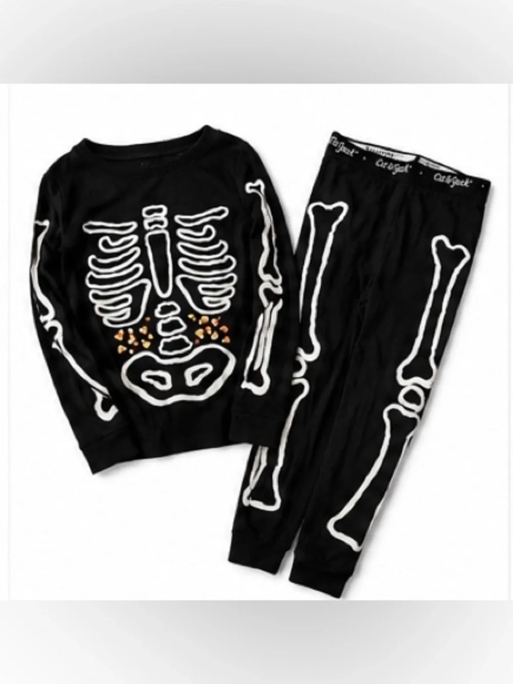 Cat & Jack Glow in Dark Skeleton Halloween Pajama Set Costume Candy Corn Kids 6